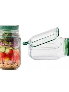 Saladkind Side Opening Mason Salad Jar with Dark Green Lid and Dressing Capsule